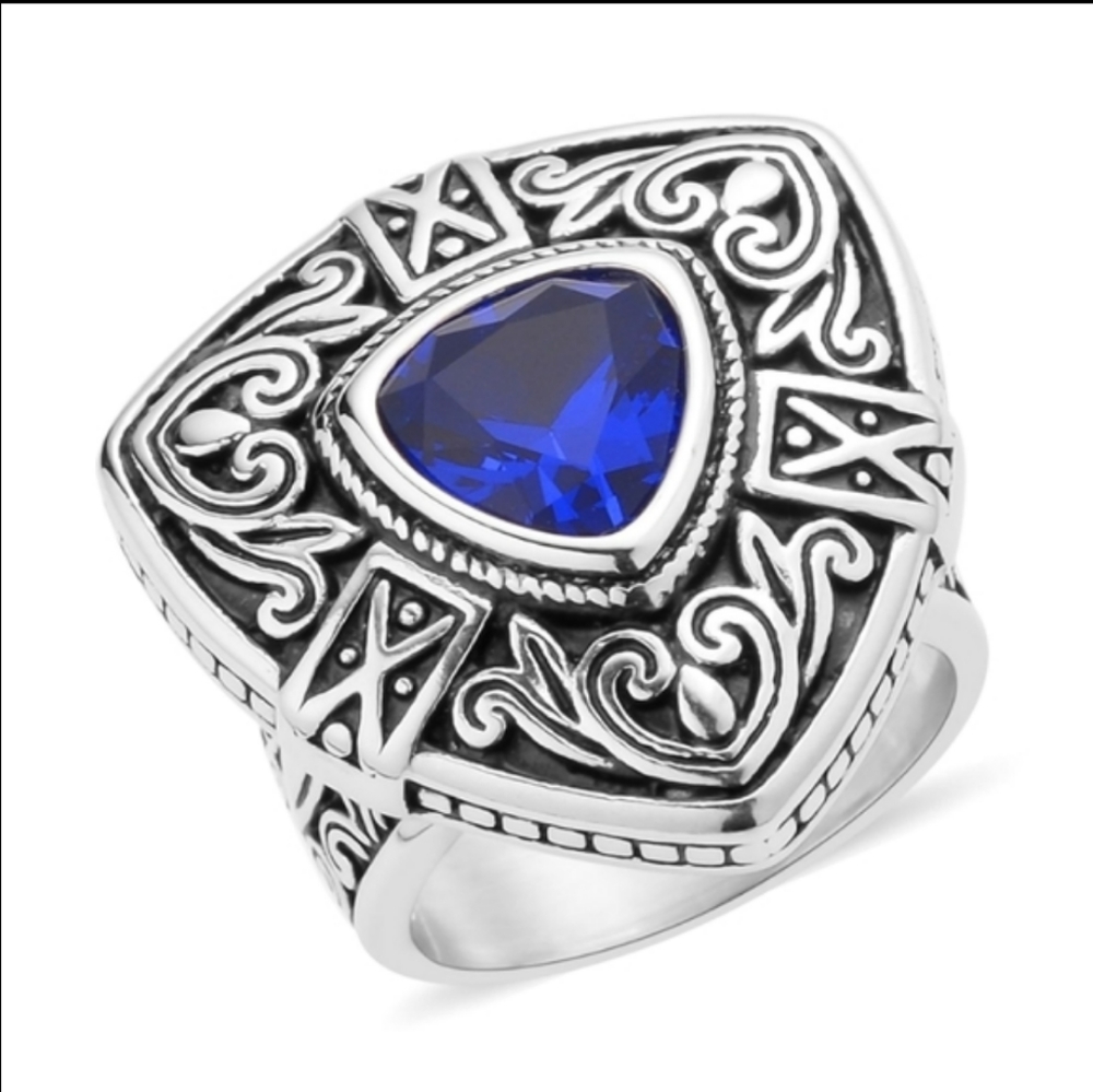 Blue Simulated Diamond Filigree Shield Ring in Black Oxidized S-Steel Sz 10